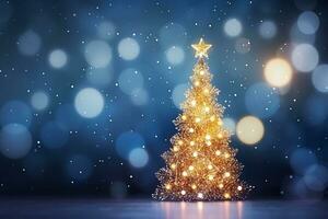 AI generated Beautiful Festive Christmas snowy background. Christmas tree decorated with balls , banner format, copy space photo
