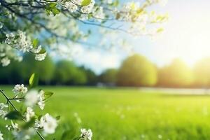 ai generado un hermoso, bañado por el sol primavera verano prado. natural vistoso panorámico paisaje con muchos salvaje flores de margaritas en contra azul cielo foto