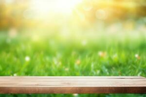 AI generated wooden board empty table blurred background. perspective brown wood table over blur trees forest photo