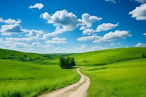 AI generated Picturesque winding path through a green grass field in hilly area in morning at dawn against blue sky with clouds photo