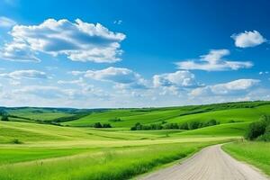 AI generated Picturesque winding path through a green grass field in hilly area in morning at dawn against blue sky with clouds photo
