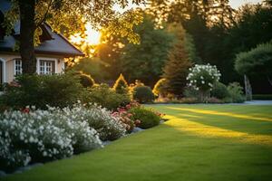 AI generated View of an attractive backyard with new planting beds and well kept lawn photo