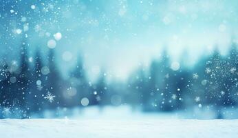 AI generated Beautiful background image of small snowdrifts, falling snow and snowflakes in white and blue tones. photo