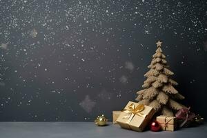 AI generated Winter panoramic background with , Christmas tree decorated with toys in snowfall. Christmas banner photo