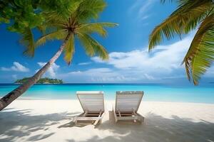 AI generated Beautiful tropical beach and sea with two chairs on the sand and palm trees. photo