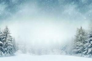 AI generated Beautiful background image of small snowdrifts, falling snow and snowflakes in white and blue tones. photo