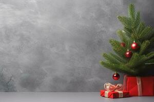 ai generado invierno panorámico antecedentes con , Navidad árbol decorado con juguetes en nevada. Navidad bandera foto
