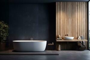 AI generated 3d rendered Minimal style Modern bathroom interior design with bathtub photo