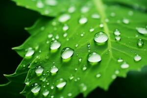 AI generated Large beautiful drops of transparent rain water on a green leaf macro. Drops of dew in the morning glow in the sun photo