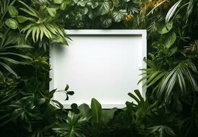 AI generated Tropical foliage background with blank card photo