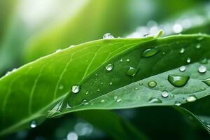 AI generated Large beautiful drops of transparent rain water on a green leaf macro. Drops of dew in the morning glow in the sun photo