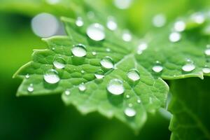 AI generated Large beautiful drops of transparent rain water on a green leaf macro. Drops of dew in the morning glow in the sun photo