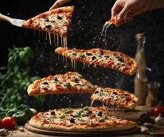 AI generated Pizza with cheese, olives and tomatoes on a dark background photo