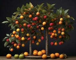 ai generado naranja china árbol con frutas en un negro antecedentes. 3d hacer foto