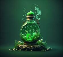 ai generado magia poción en vaso botella en verde antecedentes. 3d ilustración. foto
