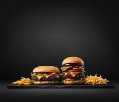 AI generated Two hamburgers with french fries on black background. 3d rendering photo