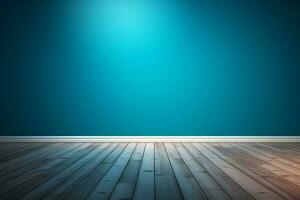 ai generado azul vacío pared y de madera piso con interesante ligero destello. interior antecedentes para el presentación foto