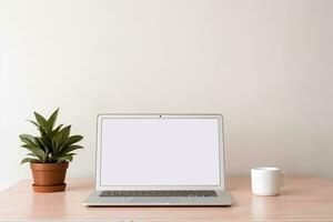 AI generated empty white blank laptop mockup on the table photo