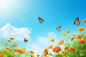 AI generated butterfly on flowers in grass in rays of sunlight, macro. Spring summer fresh artistic image of beauty morning nature. Selective soft focus photo