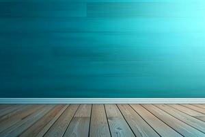 ai generado azul vacío pared y de madera piso con interesante ligero destello. interior antecedentes para el presentación foto