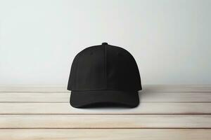 AI generated empty mockup black cap view wooden table photo