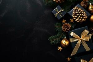 AI generated top view xmas presents new year holiday christmas gift on background photo