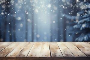 AI generated 3d wooden table looking out to a defocussed christmas tree snowy landscape photo