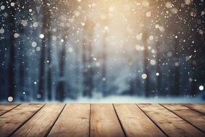 AI generated 3d wooden table looking out to a defocussed christmas tree snowy landscape photo