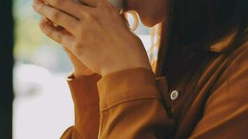 jovem lindo mulher dentro a cafeteria. caloroso cores. video