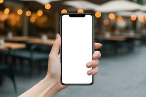AI generated empty white blank man smartphone holding mockup photo