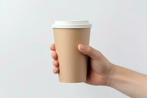 AI generated man holding empty blank coffee cup mockup photo