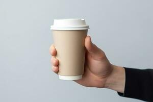 AI generated man holding empty blank coffee cup mockup photo