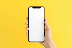 AI generated empty white blank man smartphone holding mockup photo