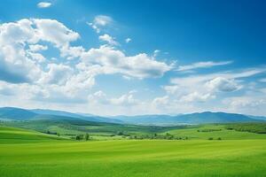 AI generated Beautiful blurred background image of spring nature with a neatly trimmed lawn surrounded by trees against a blue sky with clouds on a bright sunny day photo