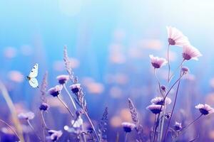 ai generado mariposa en púrpura salvaje Violeta flores en césped en rayos de luz de sol, macro. primavera verano Fresco artístico imagen de belleza Mañana naturaleza foto