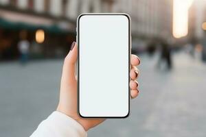 AI generated empty white blank man smartphone holding mockup photo