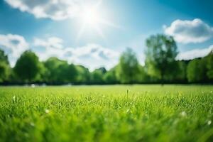 AI generated Beautiful blurred background image of spring nature with a neatly trimmed lawn surrounded by trees against a blue sky with clouds on a bright sunny day photo