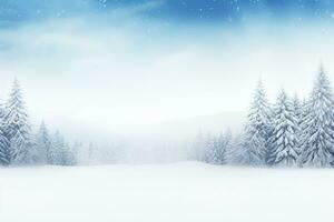 AI generated Beautiful background image of small snowdrifts, falling snow and snowflakes in white and blue tones. photo