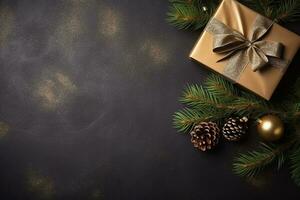 AI generated Christmas decoration composition on light gold background top view, copy space, banner format photo