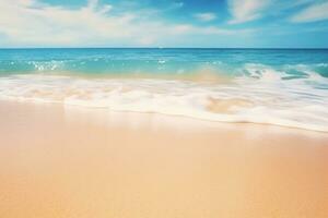 ai generado limpiar Oceano olas rotura en blanco arena playa con turquesa Esmeralda de colores agua foto