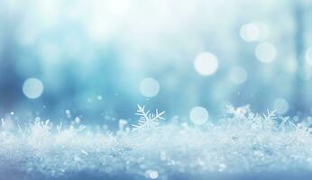 AI generated Beautiful background image of small snowdrifts, falling snow and snowflakes in white and blue tones. photo