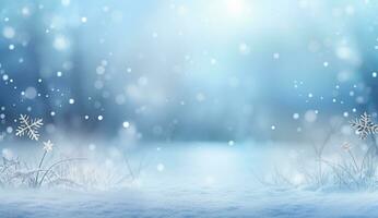 AI generated Beautiful background image of small snowdrifts, falling snow and snowflakes in white and blue tones. photo