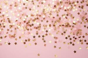 AI generated Golden sparkles on pink background. with scattered metal glitter in delicate pastel colors photo