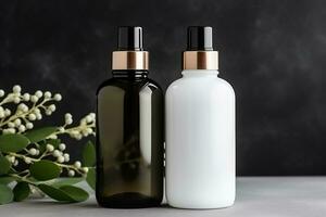 AI generated Beautiful spa and cosmetics products composition on wooden table Natural cosmetic products presentation Beauty, wellness, body care spa concept. photo