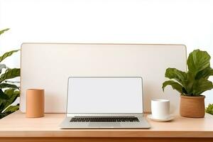 AI generated empty white blank laptop mockup on the table photo