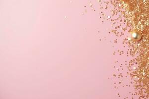 AI generated Golden sparkles on pink background. with scattered metal glitter in delicate pastel colors photo