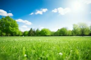 AI generated Beautiful blurred background image of spring nature with a neatly trimmed lawn surrounded by trees against a blue sky with clouds on a bright sunny day photo