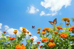 AI generated butterfly on flowers in grass in rays of sunlight, macro. Spring summer fresh artistic image of beauty morning nature. Selective soft focus photo