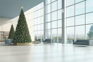 AI generated Christmas tree in modern office near big window and building view in city photo