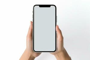 AI generated empty white blank man smartphone holding mockup photo